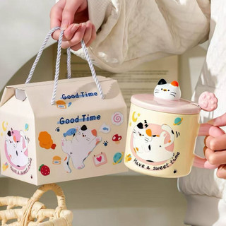  Quà tặng cốc sứ Ly sứ có nắp hình Chú Mèo Vui Vẻ 400ml thích hợp làm quà tặng đi kèm có muỗng và ống hút thủy tinh 