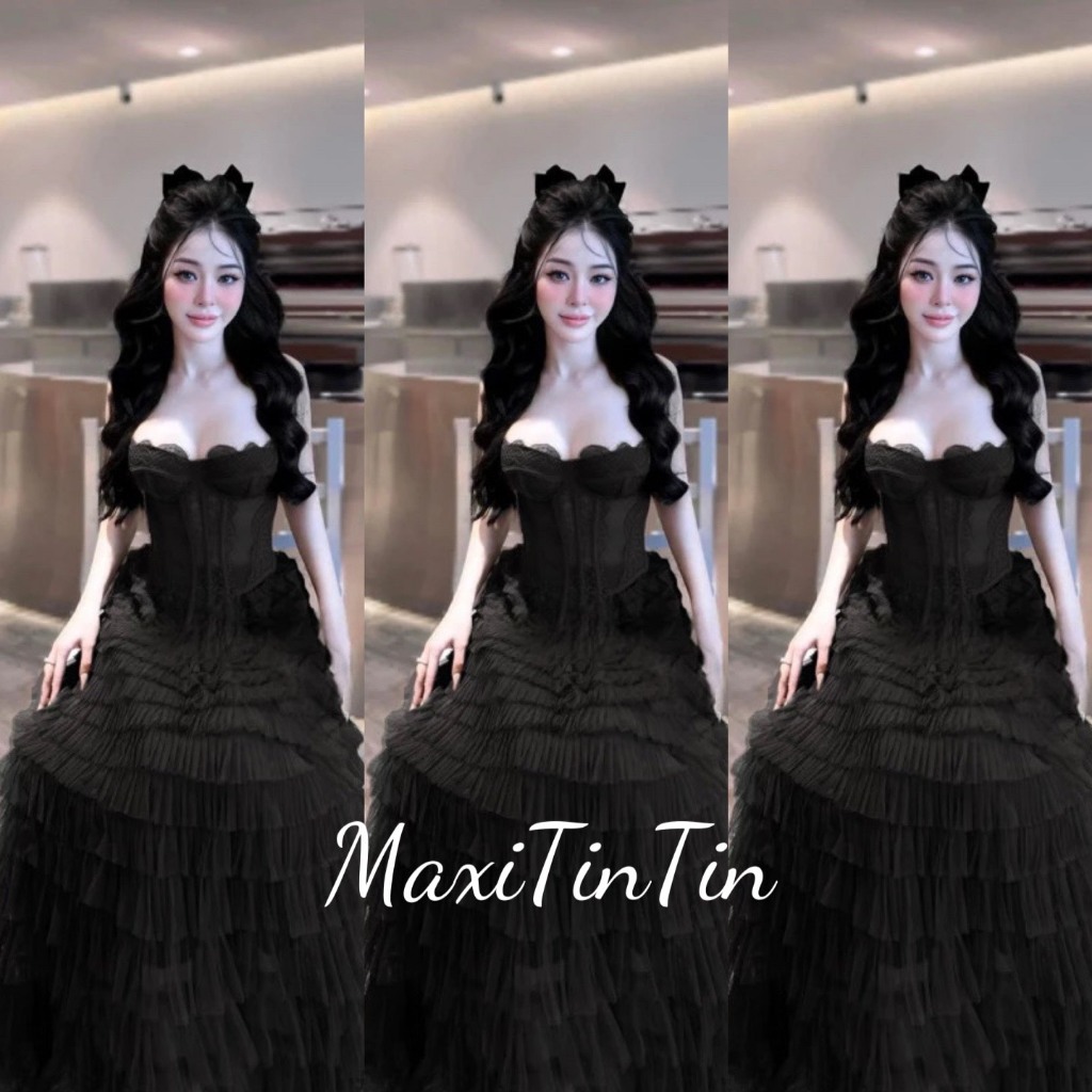[Sẵn] Set đầm tiểu thư công chúa áo corset ren đen mix chân váy lưới dáng dài  sành điệu- MaxiTinTin