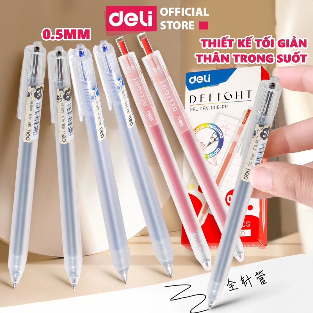 [DELI VPP] Bút Bi Mực Gel Deli Thân Mờ Trong Suốt màu đen đỏ xanh ngòi 0.5mm viết trơn mực đều học sinh sinh viên