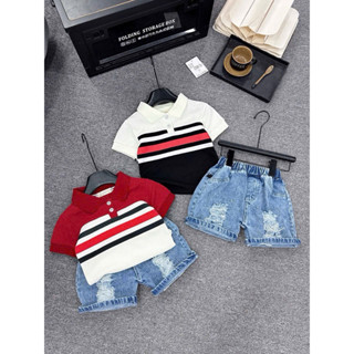 Bộ quần áo bé trai CS711, CS754, Set áo cổ bẻ phối sọc quần sooc jean bò cho bé trai