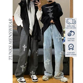 Quần jean ống rộng boy phố quần dài nam hàn quốc quần bò đen quần baggy cao cấp thời trang Thêu chéo hợp quần jean nam