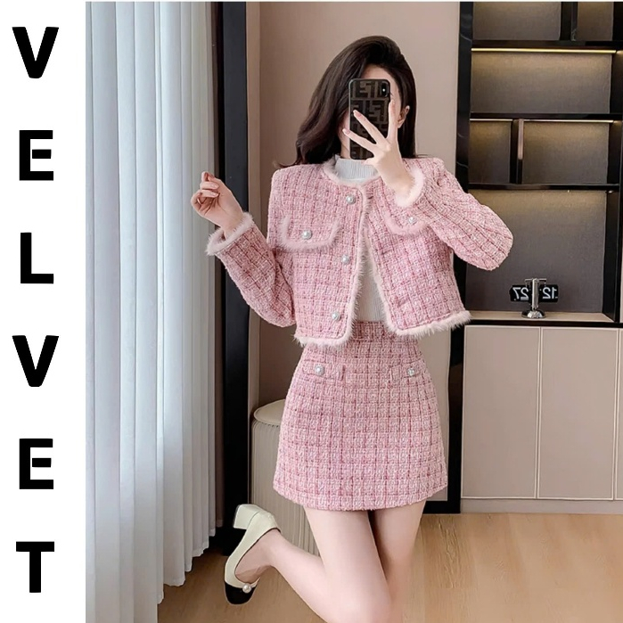 [Velnet] Set Dạ Hồng Kẻ Caro Cao Cấp, Hàn Quốc Ép Mùng 2 Lớp (V83)