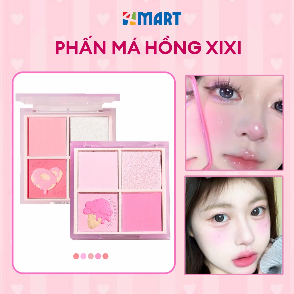 Phấn má hồng mịn lì XiXi 4 ô nhũ sáng highlight trang điểm tích hợp phấn mắt nhũ lì bền màu.