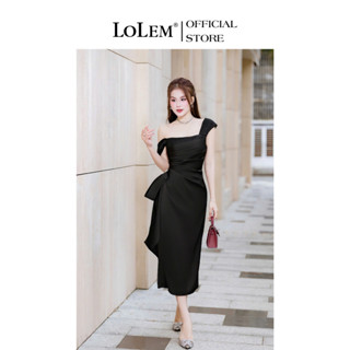 Đầm body lệch vai dáng dài LOLEM DO314 tay con có mút ngực chất vải lụa trượt mềm mịn