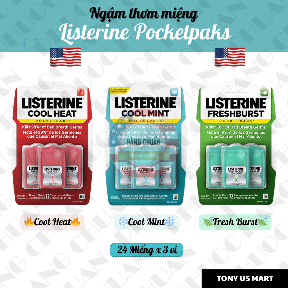 Miếng Ngậm Thơm Miệng Listerine Pocketpaks Vỉ 3 hộp x 24 miếng Hàng Chính Hãng Mỹ - Tony US Mart