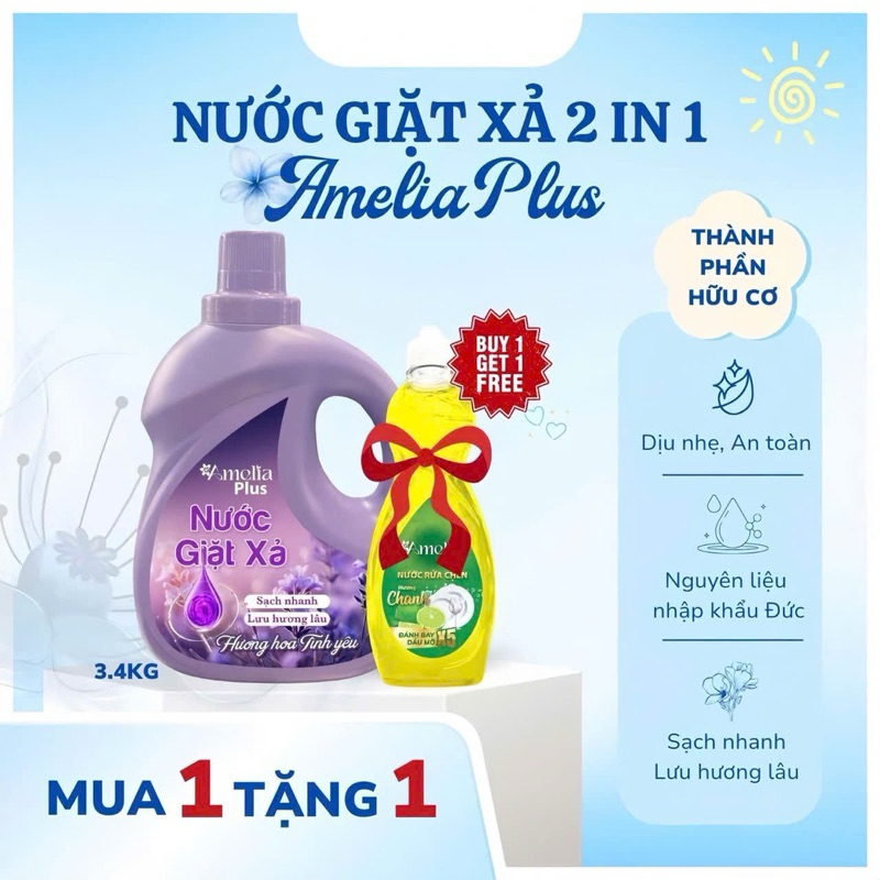 Nước giặt xả AMELIA PLUS đậm đặc, giặt sạch lưu hương lâu, nguyên liệu nhập khẩu Đức