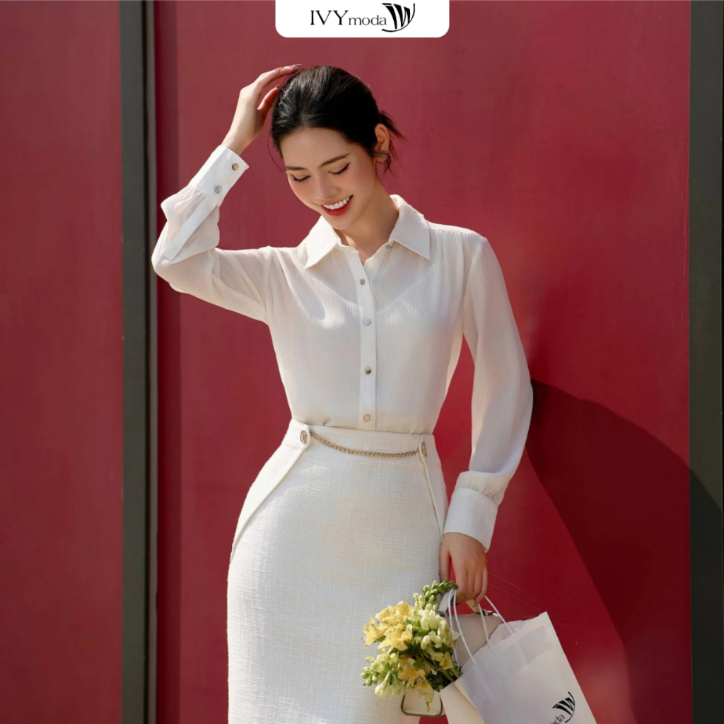 Áo sơ mi lụa cổ phối Tweed nữ IVY moda MS 17M8512