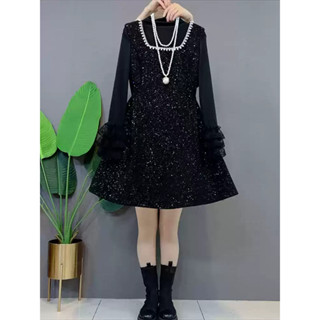   47-90 KG  ĐẦM ĐEN TAY DÀI NƠ SAU CHẤT NHUNG KIM TUYẾN CAO CẤP ĐÍNH ĐÁ CỔ ĐỨNG FORM SANG TRỌNG MÙA LỄ HỘI 