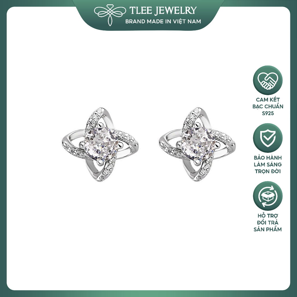 Khuyên tai bạc nữ TLEE cỏ bốn lá cánh hoa xoáy đính đá nữ tính TLEE JEWELRY B0417