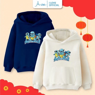Áo hoodie cho bé AORE in hình Pokémon SQUIRTLE, Áo nỉ da cá dài tay phối túi có mũ mềm mịn cho bé trai bé gái 10-35kg