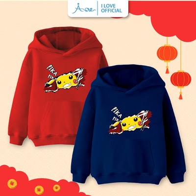 ILOVE Áo hoodie bé trai Pokémon PIKACHU, áo dài tay phối túi có mũ chất nỉ da cá mềm mịn, co giãn dành cho bé 10-29kg