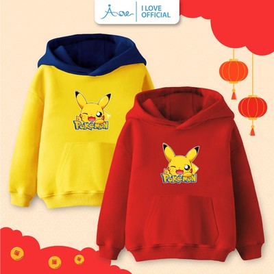 Áo hoodie AORE in hình Pokémon PIKACHU cho bé, Áo khoác nỉ dài tay phối túi có mũ chất nỉ da cá mềm mịn bé trai 10-35kg