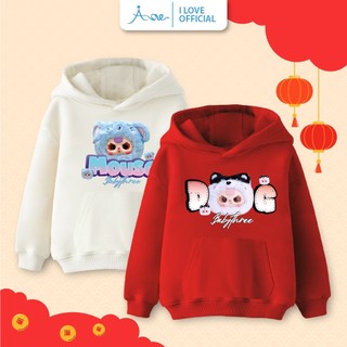 ILOVE Áo hoodie Baby Three cho bé, áo nỉ dài tay phối túi có mũ, in hình Baby Three cho bé trai bé gái từ 10-29kg