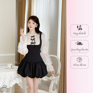 Váy Nữ Tiểu Thư Chất Chéo Rubi Phối Ren Cao Cấp, Cổ Tròn Đính Nơ, Tay Áo Dài Bông, Dáng Váy Bí Tôn Body V1298 Medechill