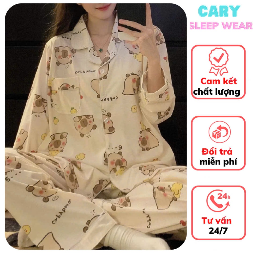 Bộ ngủ pijama tay dài quần dài siêu xinh đồ bộ nữ pijama mặc nhà hoạt hình capybara thu đông siêu dễ thương CARY