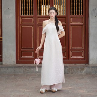  Áo dài Tết gấm hồng trễ vai phối quân lụa Yên Chi - SWEETEA 