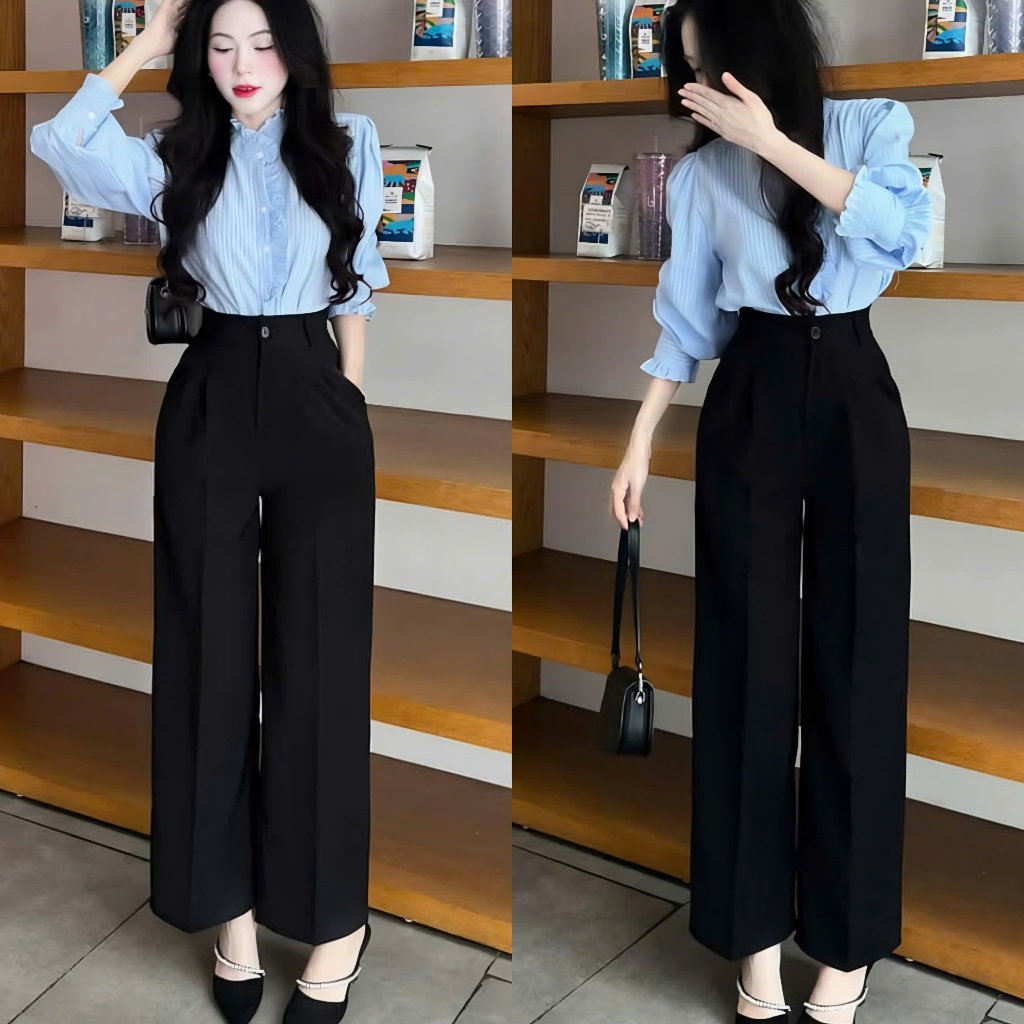  Quần tây ống rộng . Quần vải nữ ống xuông lưng cao culottes dài 95cm 
