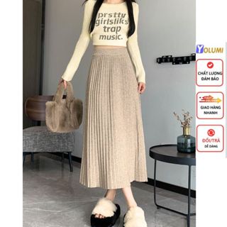 Chân Váy Len Dài Vừa Phải Dập Ly Váy Chữ A Chất Dày Dặn Phong Cách Hàn Quốc YOLUMI