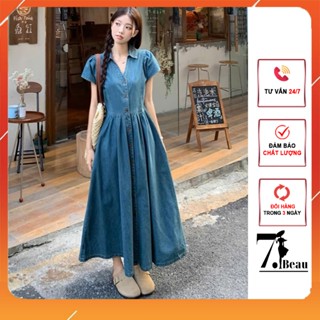 Váy jean nữ, đầm jean dáng xòe dài, thiết kế cổ V ngắn tay chân váy xòe phong cách trả trung nữ tính 7.Beautiful V189