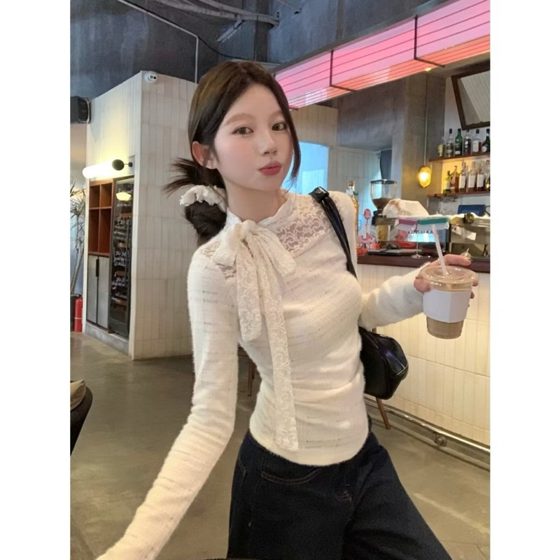 [Zestiva] áo thun tay dài áo thun ôm body áo thun trơn Cổ Tròn ren