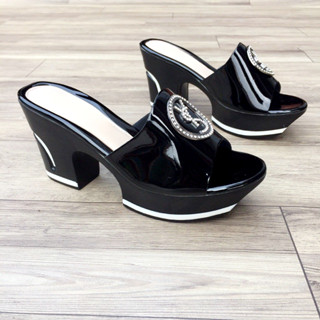 (Form nhỏ - đặt tăng size) Dép đế xuồng 7cm đính khoá tròn trung niên cho mẹ, cho bà - Guốc cao gót 7p  - Siêu nhẹ, êm