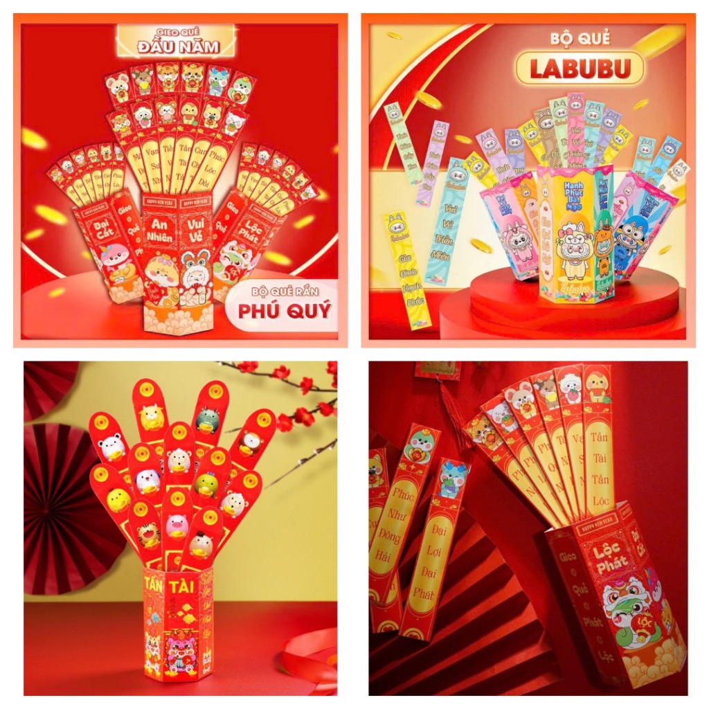 (Mẫu 2025) Bao Lì Xì Gieo Quẻ Cán Dạ Quang Lấp Lánh, Mẫu Labubu, Thần Tài, Rắn