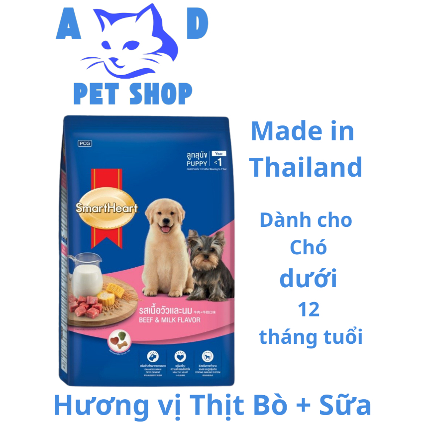 SmartHeart Puppy - Thức ăn hạt vị Sữa + Thịt Bò dành cho Chó nhỏ dưới 12 tháng tuổi