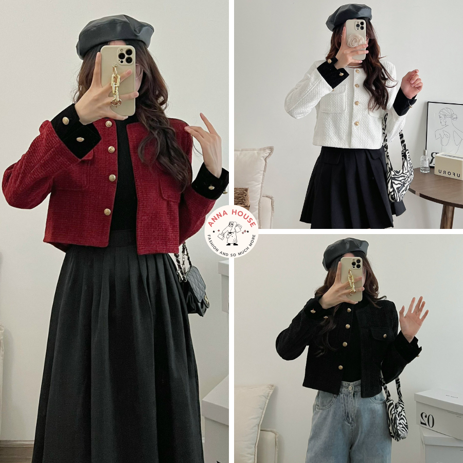 Áo Khoác Dạ Tweed Cardigan Nữ Croptop Kẻ Caro Cổ Tròn Dáng Ngắn Pha Tay, Áo Dạ Tweet Cổ Tàu Noel, gi