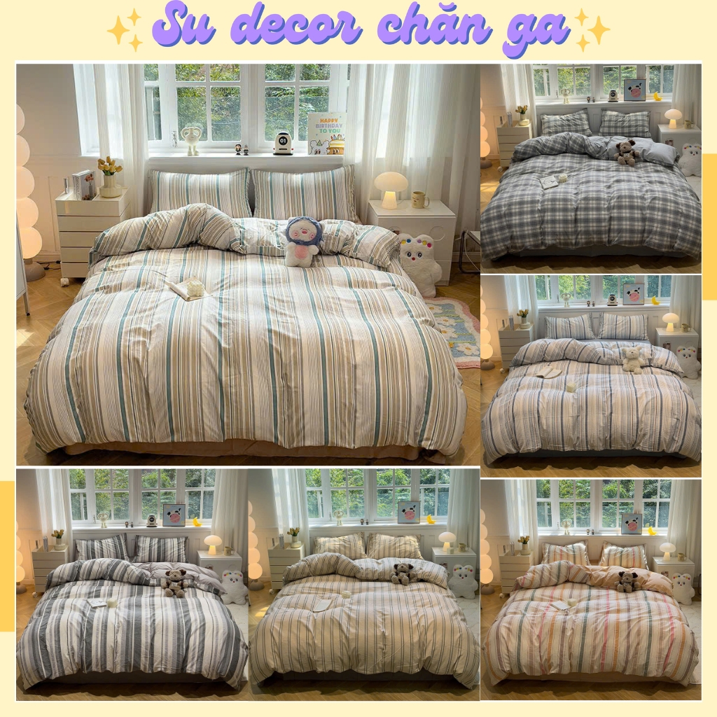 Bộ chăn ga gối cotton tici 4 món hoạ tiết kẻ sọc drap giường tici kẻ nhiều kích thước ga