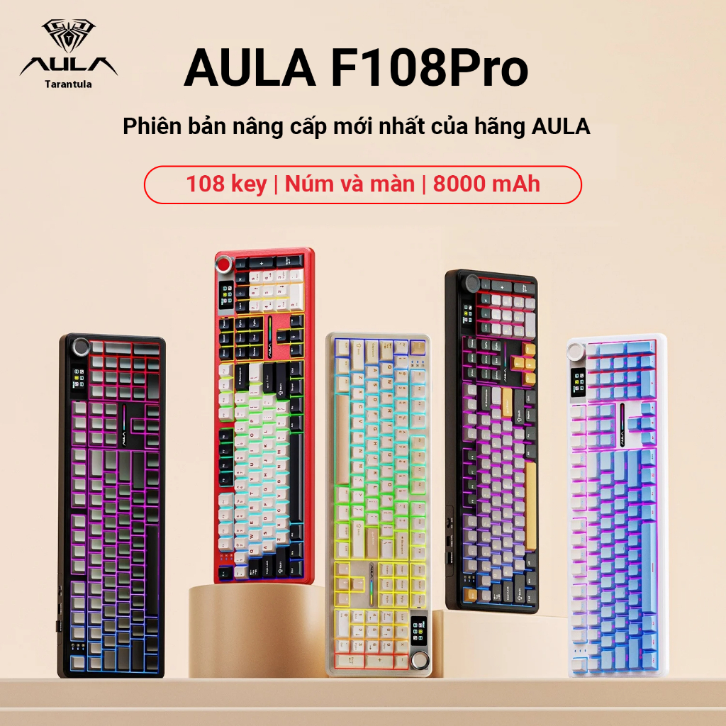 Bàn phím cơ AULA F108Pro - 3 mode kết nối - Có núm xoay và màn - Pin 8000 mAh - BH 12T | BigBuy360 - bigbuy360.vn