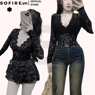  Áo Ren Tay Dài Cổ V Ôm Body Tôn V1  có lót  SOFIRE  Áo Tay Dài Kiểu Nữ Ren Dáng Dài Màu Đen Cổ Xẻ Sexy Nữ Tính Quyễn Rũ 