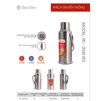 Bình Thủy 2 Lít Rạng Đông RD 2035 ST2, Chính Hãng, Phích Nước Nóng 2 Lít Inox Rạng Đông RD 2035 ST2,