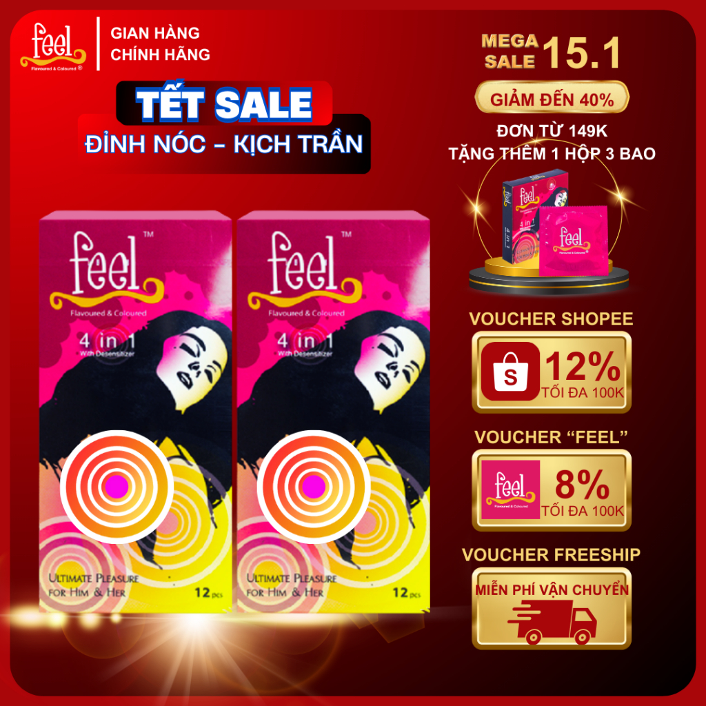 Bộ 2 Hộp Bao cao su Feel 4 in 1 12 bao | Bao cao su kéo dài quan hệ | Bao cao su có gai và gân