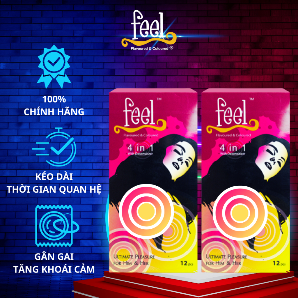 Bộ 2 Hộp Bao cao su Feel 4 in 1 12 bao | Bao cao su kéo dài quan hệ | Bao cao su có gai và gân