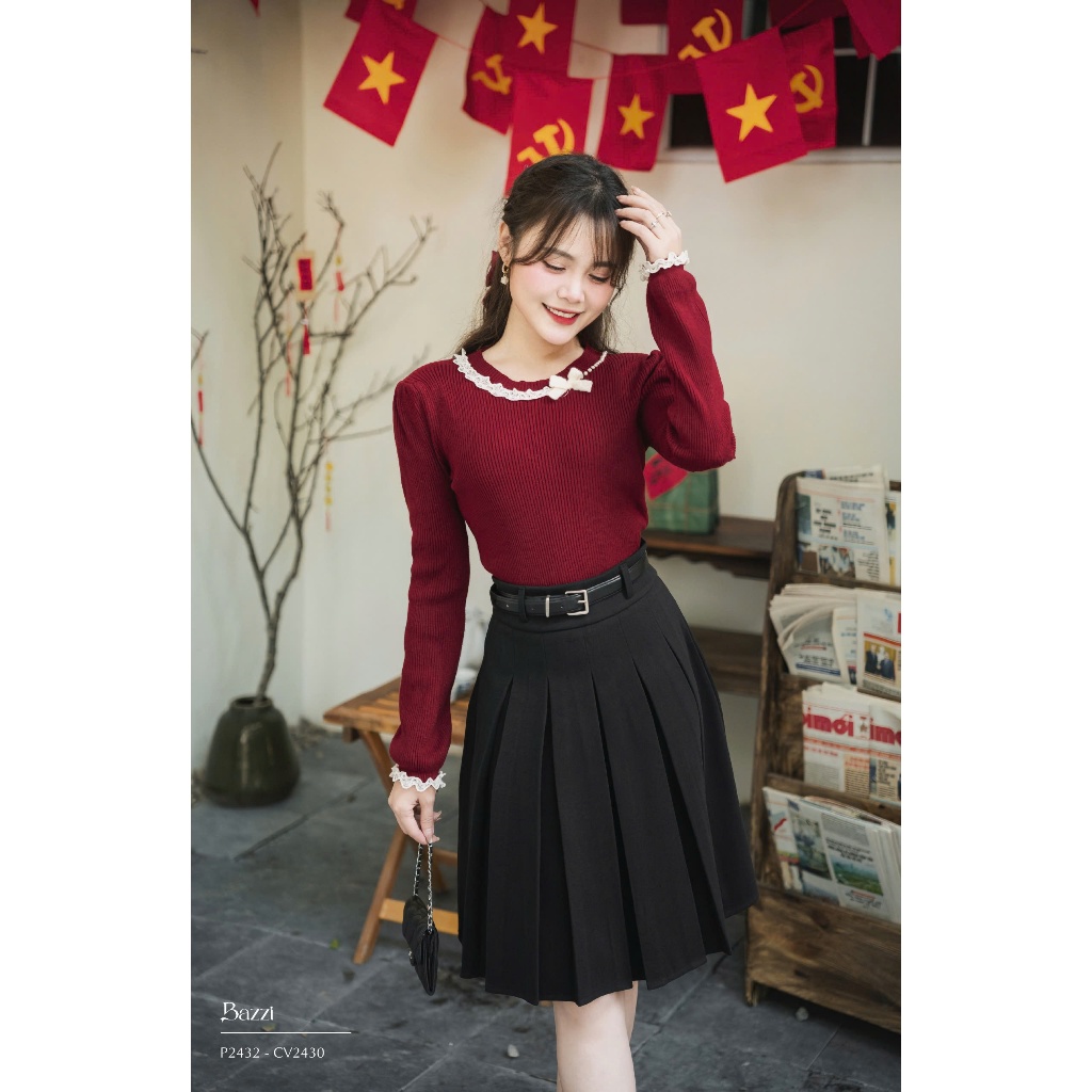 Áo len trơn phối ren đính nơ thiết kế Bazzi - Ảnh thật tự chụp