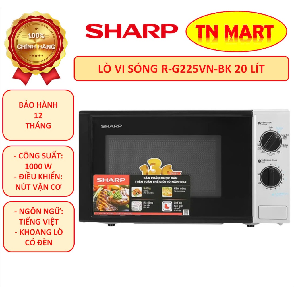 Lò vi sóng Sharp R-G225VN-BK 20 lít, có nướng, công suất 1000W, chính hãng, bảo hành 12 tháng toàn q