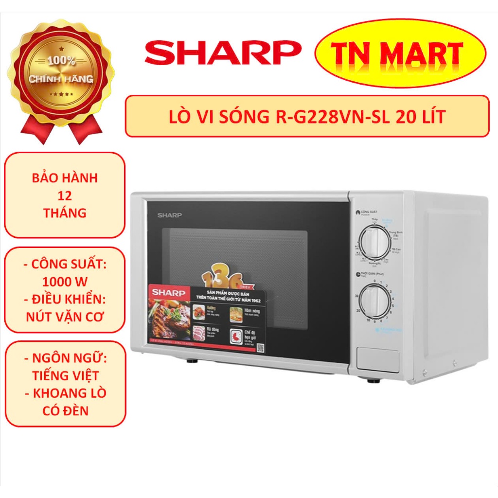 Lò vi sóng Sharp R-G228VN-SL 20 lít, có nướng, công suất 1000W, chính hãng, bảo hành 12 tháng toàn q