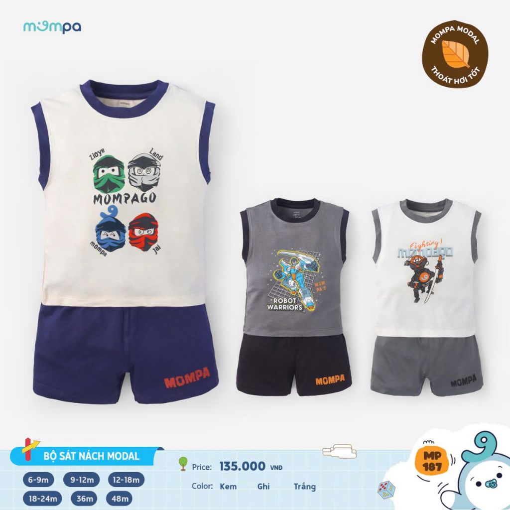 Bộ ba lỗ bé trai Mompa 6 tháng - 4 tuổi sát nách vải Modal thấm hút mềm mại co giãn 187