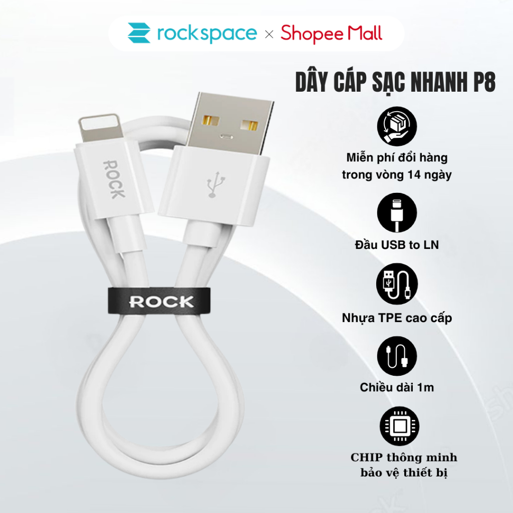 Dây Cáp sạc nhanh pd 20w Rockspace P8 dùng cho 8 tới 13 promax hàng chính hãng bảo hành 1 năm