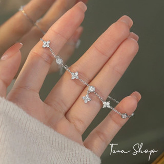 Lắc tay Bạc nữ gắn đá cỏ 4 lá may mắn TUNA SILVER, Vòng tay bạc đính đá 5 charm cỏ bốn lá mini hoa rơi xinh xắn