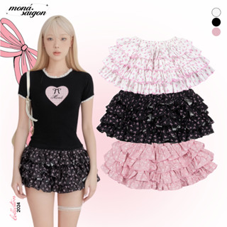 Chân váy nữ MONÁ nhún bèo nhiều tầng vải xốp in họa tiết nơ - CUNCUN