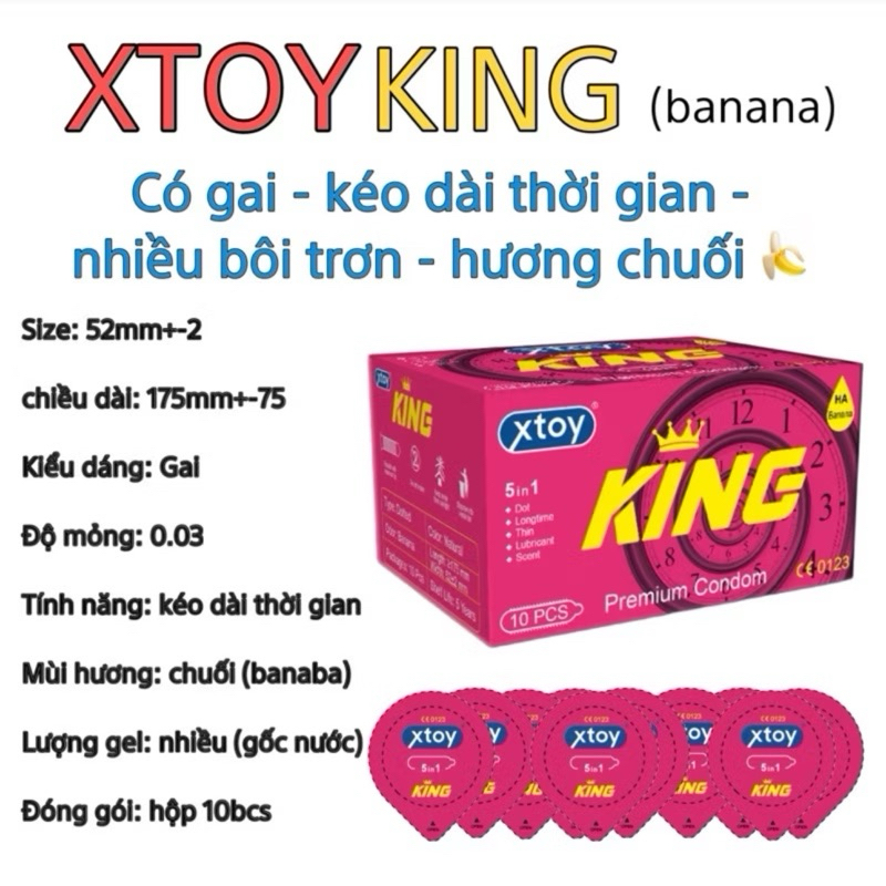 Bao cao su gai XTOY King 5in1, cuộc yêu lâu dài, gân gai, nhiều gel bôi trơn - Hộp 10 bcs