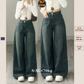 Quần jeans nữ công sở ống rộng, quần bò ống rộng túi trước xanh đậm 247STORE