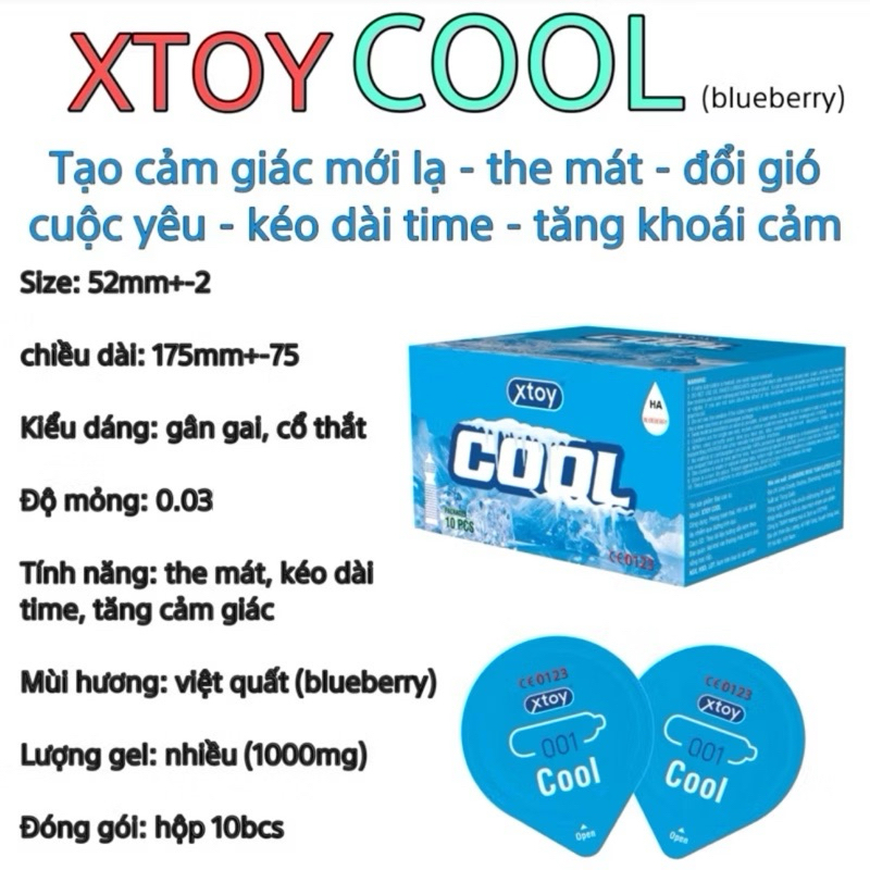 Bao cao su gai XTOY COOL, the mát, hương thơm, gân gai, cuộc yêu dài lâu, hộp 10 bcs