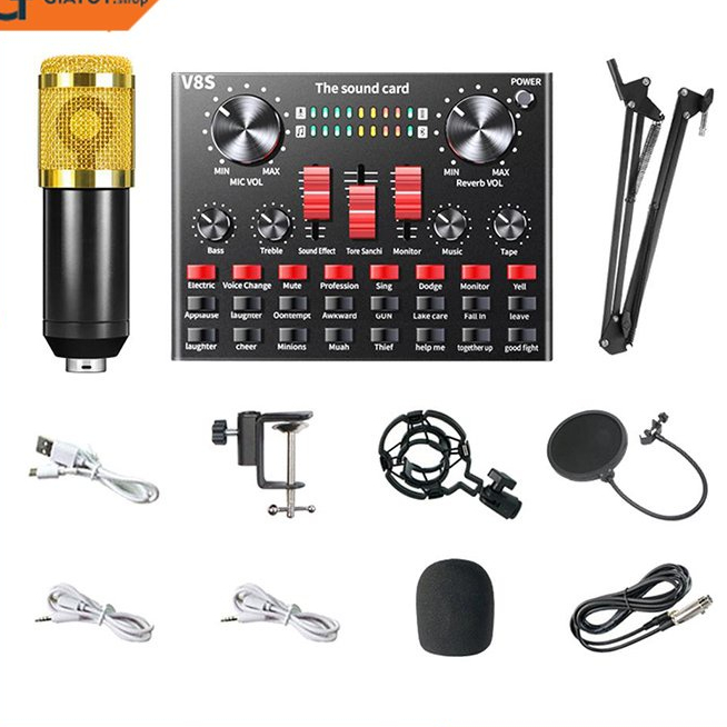 Bộ sound card âm thanh V8S micro thu âm BM900 thêm kẹp, màng lọc âm