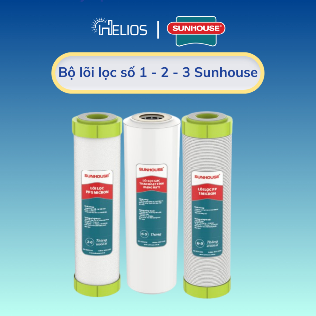 Bộ 3 lõi lọc thô 123 Sunhouse dùng cho máy lọc nước RO có 3 cốc lọc 10inch - Hàng chính hãng