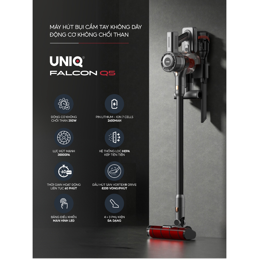 Máy hút bụi cầm tay không dây UNIQ Falcon Q5 công suất mạnh mẽ, lực hút 30KPa