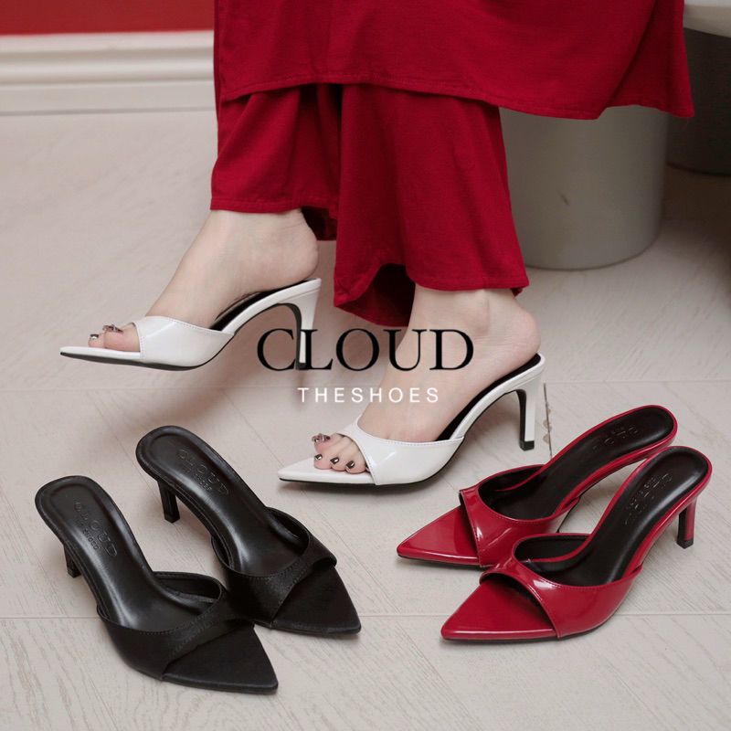 Giày gót nhọn, guốc nữ 8cm Cloud chất vải satin, da si bóng cao cấp mũi nhọn quai ngang bầu trơn tôn dáng sang trọng