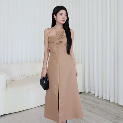 Đầm dự tiệc 2 dây dáng dài cột nơ trước xẻ tà sang trọng Callene (L2608)
