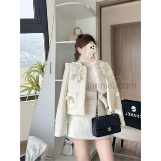 MONA SET• LALASTUDIO• set 2 món | Áo khoác dạ bông đính nơ tiểu thư kèm chân váy dáng A, set dạ bông đính nơ cao cấp